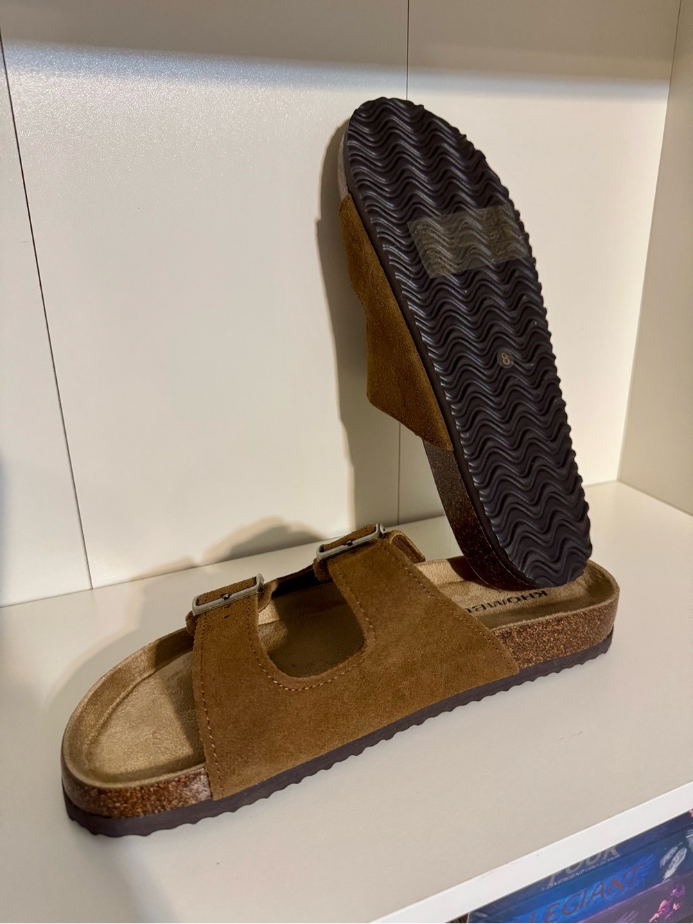 Khombu Brown Suede Double Buckle Slide Sandals